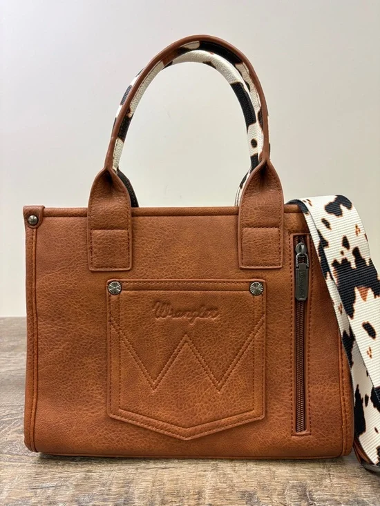 Wrangler Western Cow Print Tote Bag Brown Faux Leather Crossbody Satchel - Picture 3 of 13